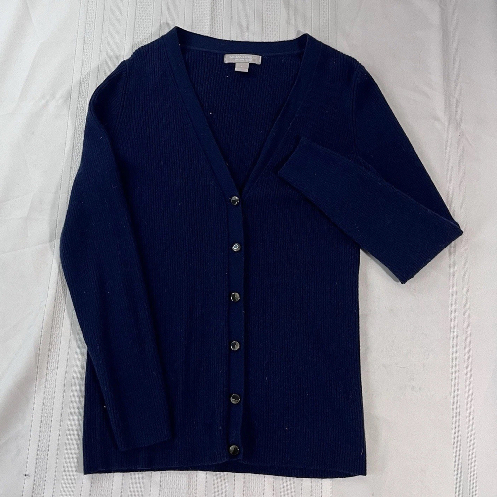 Banana Republic Extra Fine Merino Wool Ribbed Navy Timeless Cardigan Woman’s L
